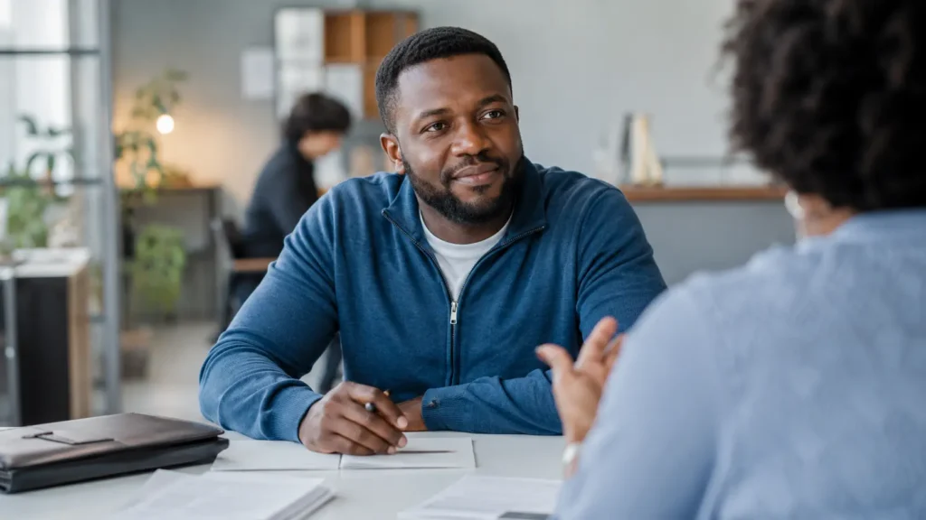 man receiving job readiness support and career coaching to rebuild career confidence.